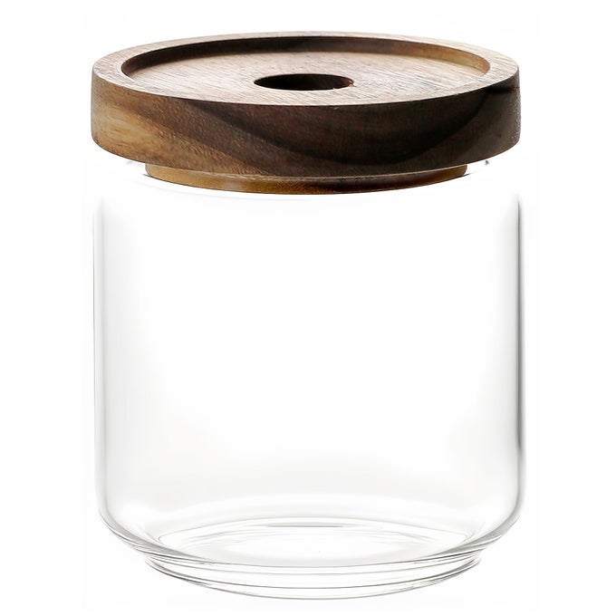 480ML16OZ CLEAR CUTE GLASS STORAGE CANISTER HOLDER WITH STACKABLE AIRTIGHT WOOD LID MODERN DECORATIVE SMALL CONTAINER JAR FOR COFFEE SPICE CANDY SALT COOKIE CONDIMENT PEPPER SUGAR