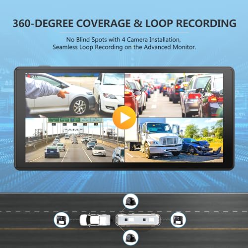 DVKNM نظام كاميرا خلفية RV بدقة 4K DVKNM مع شاشة تعمل باللمس مقاس 10.36 بوصة مقسمة إلى 4 أجزاء و 4 كاميرات خلفية بدقة 1080P وتسجيل DVR وموسيقى بلوتوث وتشغيل فيديو عبر USB ومقاومة للماء IP69 ورؤية ليلية لمقطورة RV والشاحنات وغيرها. - Image 3