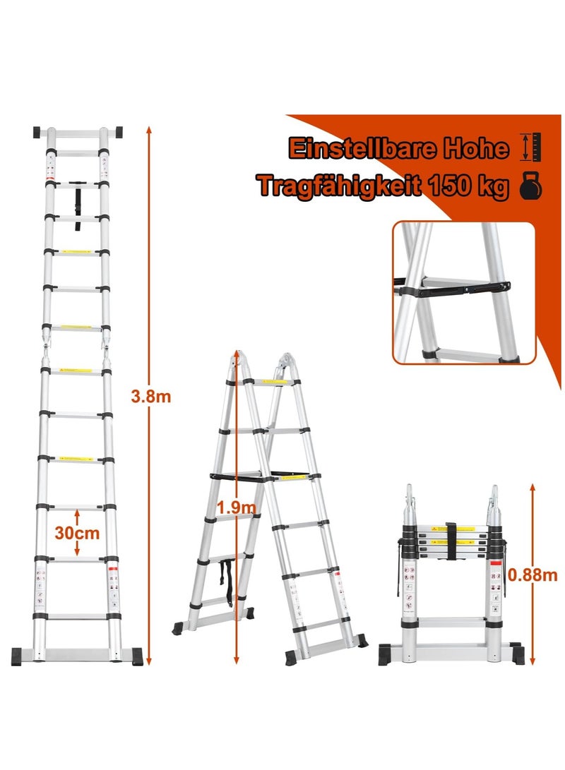سلم تلسكوبي قابل للطي من الالومنيوم من سيكايلي، 12 قدم (6 قدم + 6 قدم) سلم قابل للتمدد مع مثبتات، سلم محمول غير قابل للانزلاق، اقصى حمولة 150 كجم (فضي) - Image 4