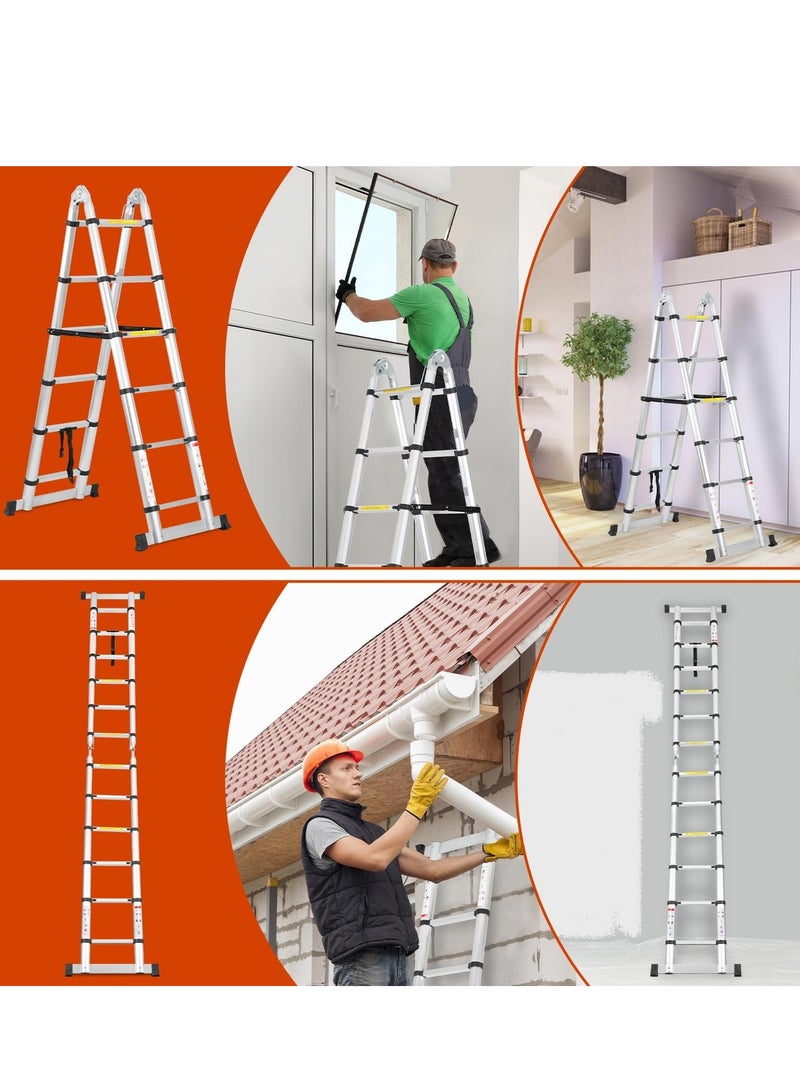 سلم تلسكوبي قابل للطي من الالومنيوم من سيكايلي، 12 قدم (6 قدم + 6 قدم) سلم قابل للتمدد مع مثبتات، سلم محمول غير قابل للانزلاق، اقصى حمولة 150 كجم (فضي) - Image 2