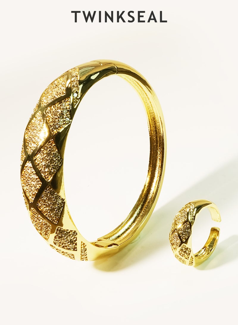 توينكسيل طقم مجوهرات من قطعتين: خاتم وسوار، مطلي بالذهب عيار 18 قيراطًا مرصع بالألماس، تصميم مفتوح قابل للتعديل يناسب جميع المقاسات، مجوهرات كلاسيكية للارتداء اليومي - Image 1