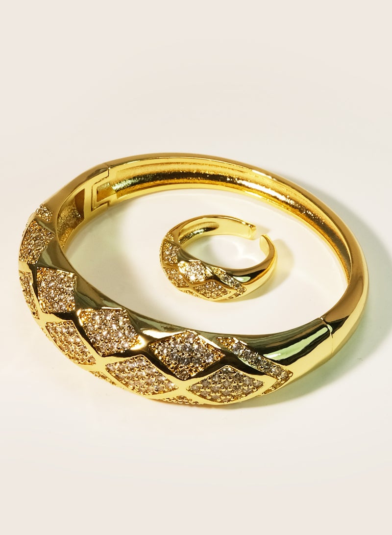 توينكسيل طقم مجوهرات من قطعتين: خاتم وسوار، مطلي بالذهب عيار 18 قيراطًا مرصع بالألماس، تصميم مفتوح قابل للتعديل يناسب جميع المقاسات، مجوهرات كلاسيكية للارتداء اليومي - Image 2