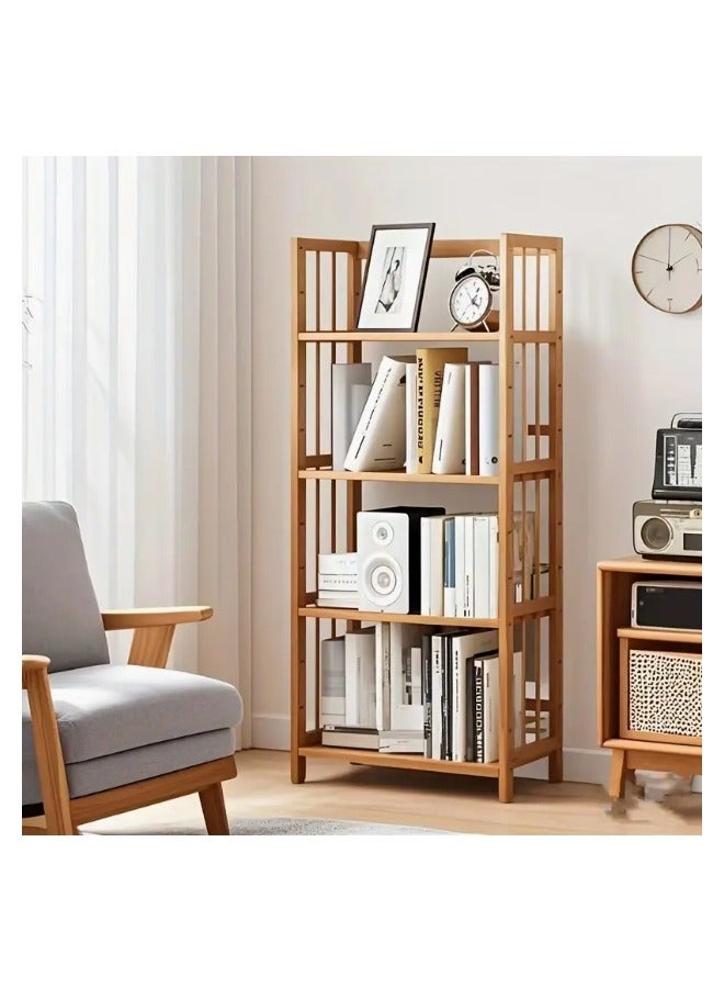 LINGWEI رف كتب من الخيزران 4 طبقات، رف تخزين خشبي، حامل عرض بلون البيج 50x125x25 سم - Image 1