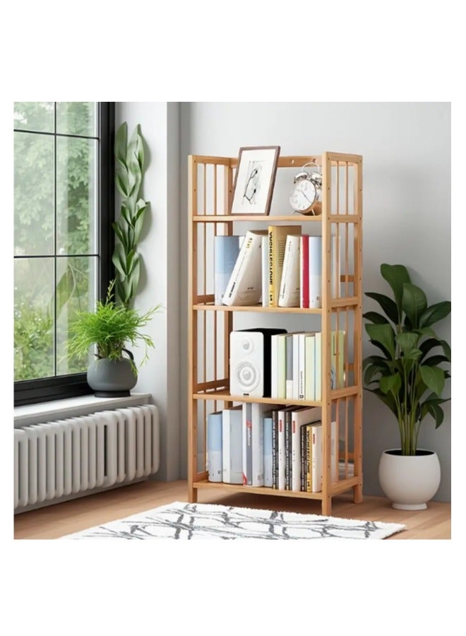 LINGWEI رف كتب من الخيزران 4 طبقات، رف تخزين خشبي، حامل عرض بلون البيج 50x125x25 سم - Image 2