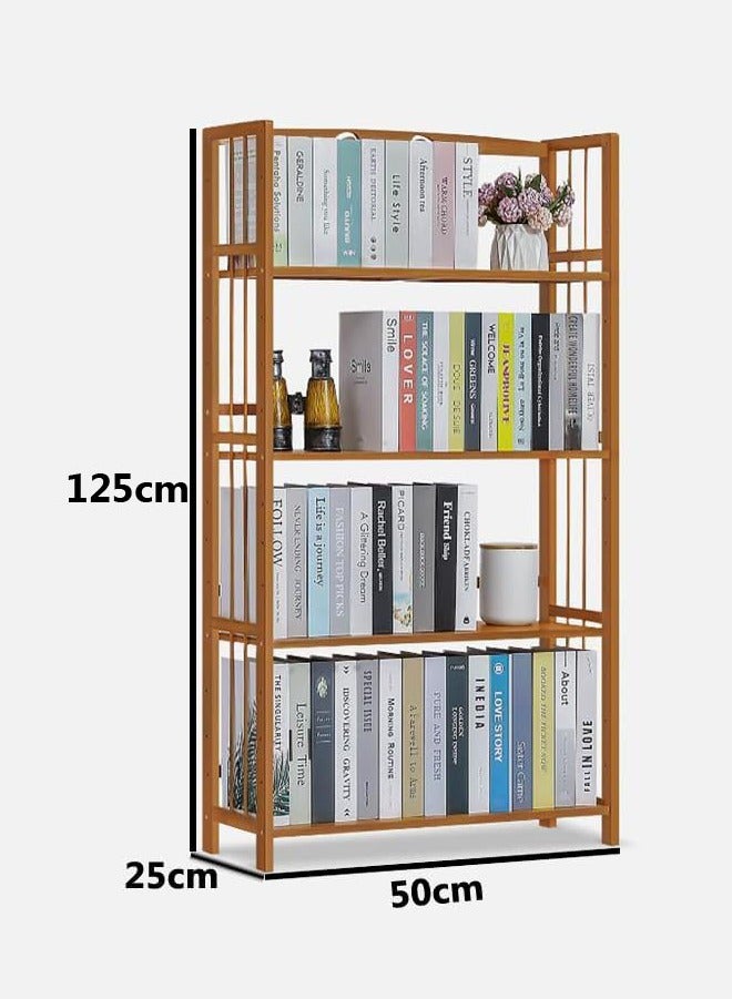 LINGWEI رف كتب من الخيزران 4 طبقات، رف تخزين خشبي، حامل عرض بلون البيج 50x125x25 سم - Image 4