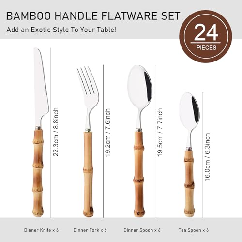 Uniturcky Bamboo Silverware Set, 24-Piece Natural Bamboo Flatware Cutlery with Stainless Steel Silver Head, Includes Knife, Fork, Spoon for Daily Use and Party, Reusable - Image 2