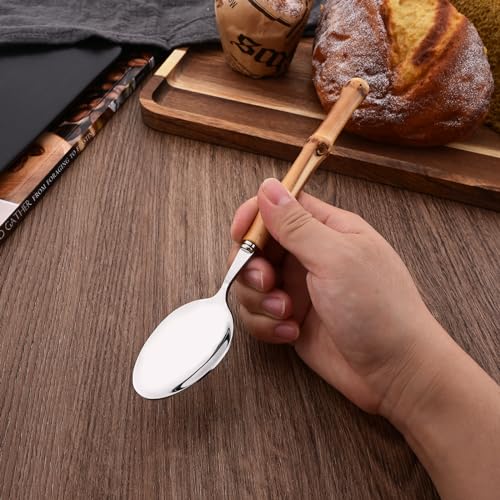 Uniturcky Bamboo Silverware Set, 24-Piece Natural Bamboo Flatware Cutlery with Stainless Steel Silver Head, Includes Knife, Fork, Spoon for Daily Use and Party, Reusable - Image 5
