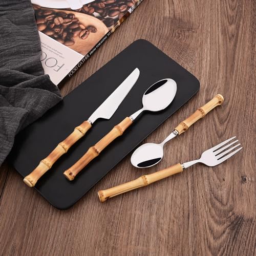 Uniturcky Bamboo Silverware Set, 24-Piece Natural Bamboo Flatware Cutlery with Stainless Steel Silver Head, Includes Knife, Fork, Spoon for Daily Use and Party, Reusable - Image 3