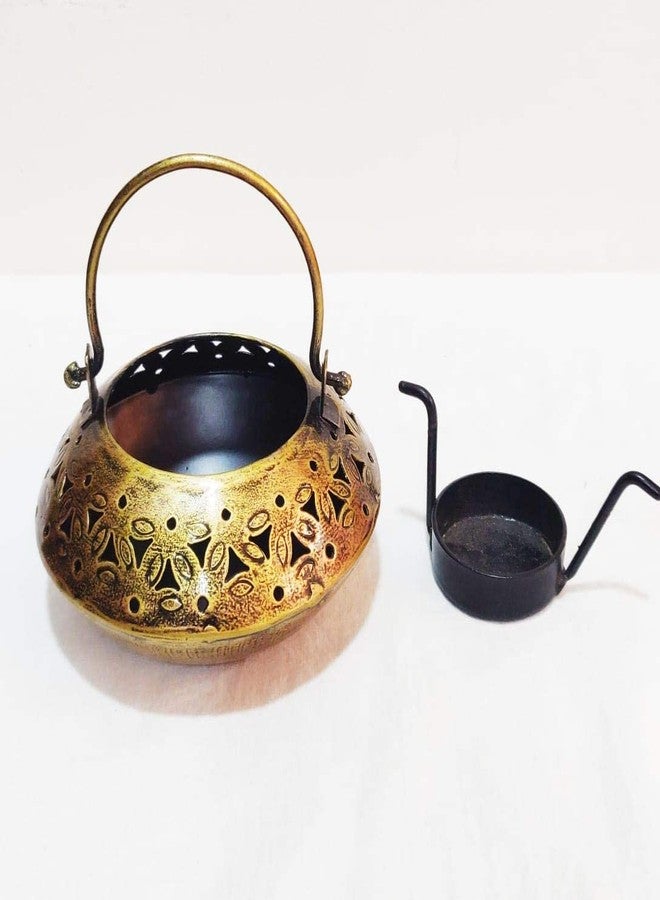 Gunendra Crafts Home Decor Tealight Holder/Degchi Style Candle Stand/Antique Finished Dhoop Incense/Tealight Holder Degchi Handle Pot - Black Golden Chrome Polished - (1) - Image 1