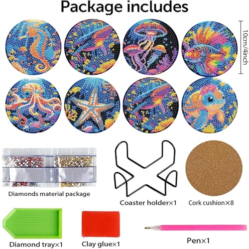 Mrnsiet 8PCS Diamond Art Coasters with Holder, DIY Ocean Animals Diamond Painting Coasters Kits for Adults, Non Slip Marine Animals Mosaic Dot Painting Coaster Gift Set for Beginners 4x4 Inch - Image 3