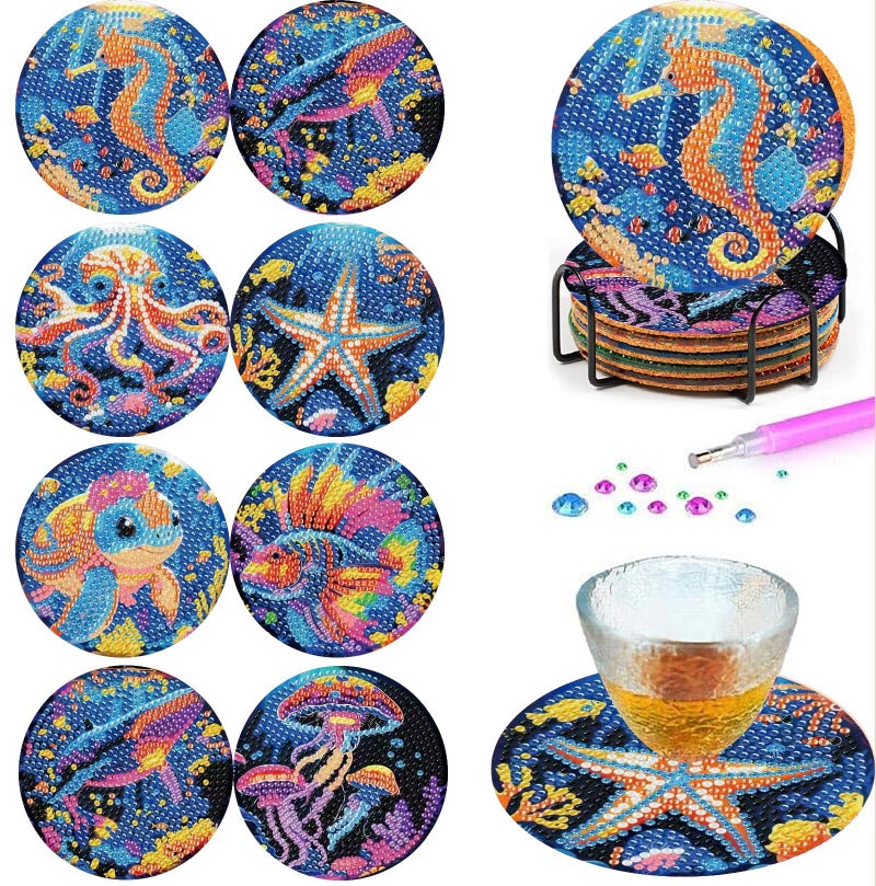 Mrnsiet 8PCS Diamond Art Coasters with Holder, DIY Ocean Animals Diamond Painting Coasters Kits for Adults, Non Slip Marine Animals Mosaic Dot Painting Coaster Gift Set for Beginners 4x4 Inch - Image 5
