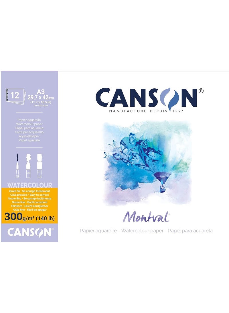 CANSON A3 Size Montval Watercolour Pad 12 Sheets 300gsm Thickness - Image 1