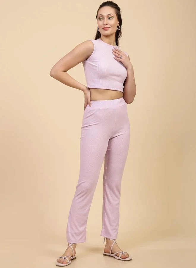 مرفوعة Women Fit and Flared Solid Sleeveless Mid Rise Crop Top and Pant Co-Ord Set