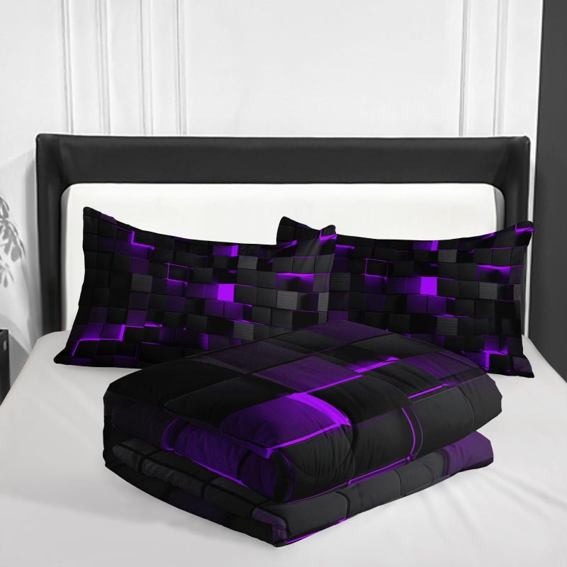 Nttopship Geometric Violet Black Comforter Set,Light Honeycomb 3 Piece Bedding Set Queen Size for Teen Boys,Modern Bedding Quilt Set Geometry Decor,Microfiber Lightweight 1 Comforter 2 Pillowcases All Season - Image 4