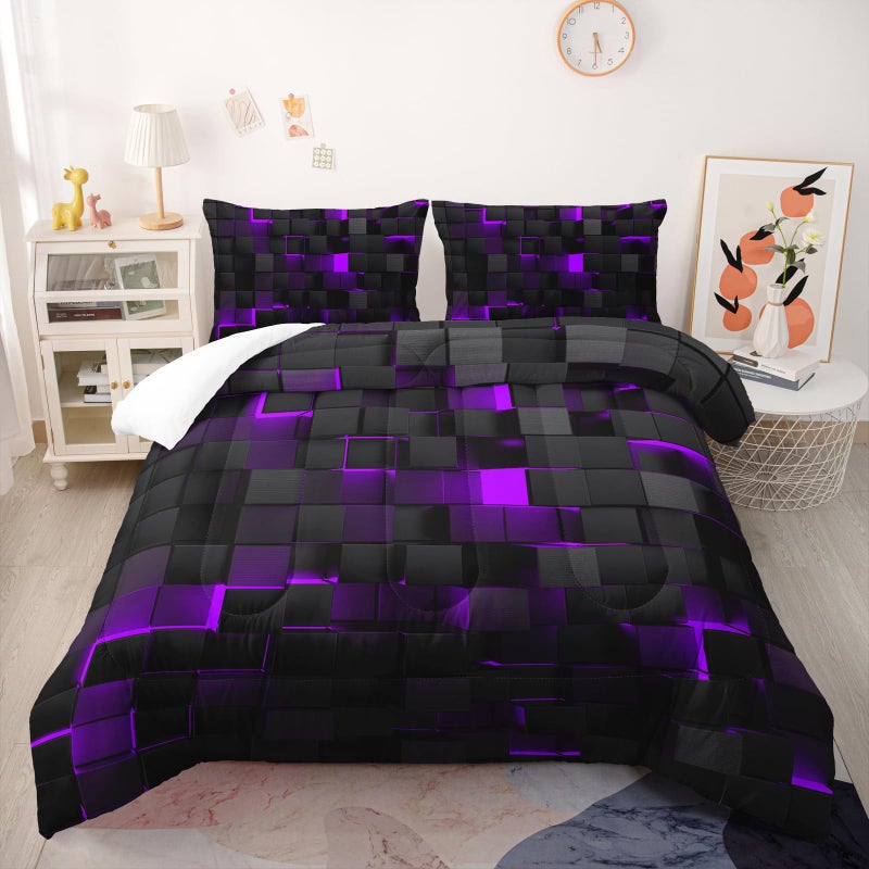 Nttopship Geometric Violet Black Comforter Set,Light Honeycomb 3 Piece Bedding Set Queen Size for Teen Boys,Modern Bedding Quilt Set Geometry Decor,Microfiber Lightweight 1 Comforter 2 Pillowcases All Season - Image 2