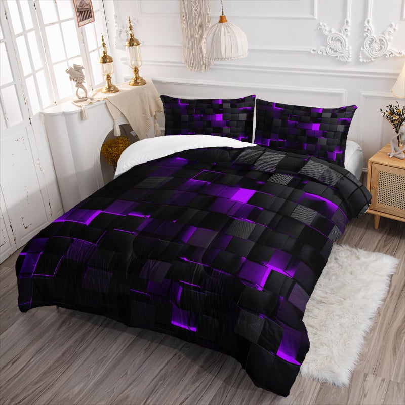 Nttopship Geometric Violet Black Comforter Set,Light Honeycomb 3 Piece Bedding Set Queen Size for Teen Boys,Modern Bedding Quilt Set Geometry Decor,Microfiber Lightweight 1 Comforter 2 Pillowcases All Season - Image 3