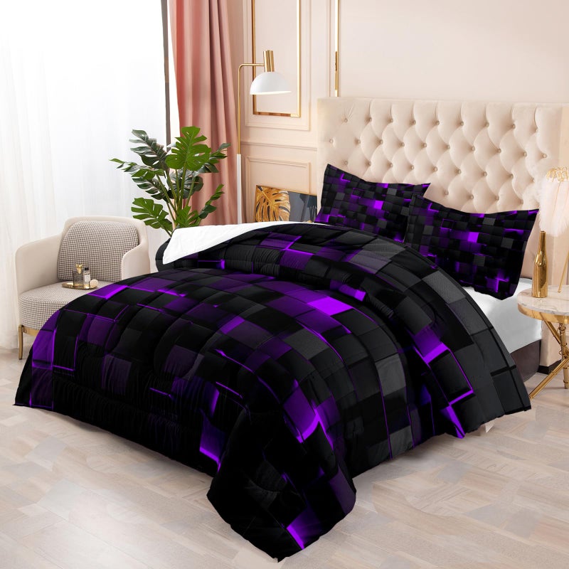 Nttopship Geometric Violet Black Comforter Set,Light Honeycomb 3 Piece Bedding Set Queen Size for Teen Boys,Modern Bedding Quilt Set Geometry Decor,Microfiber Lightweight 1 Comforter 2 Pillowcases All Season - Image 1