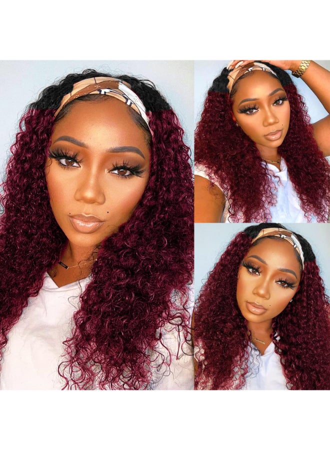 Celiarita Ombre Dark Burgundy Headband Wig Human Hair Deep Wave 18 Inch None Lace Front Wigs Glueless 1B99J Deep Curly Wave Human Hair Headband Wig Attached Half Wigs for Black Women 150 Density - Image 2
