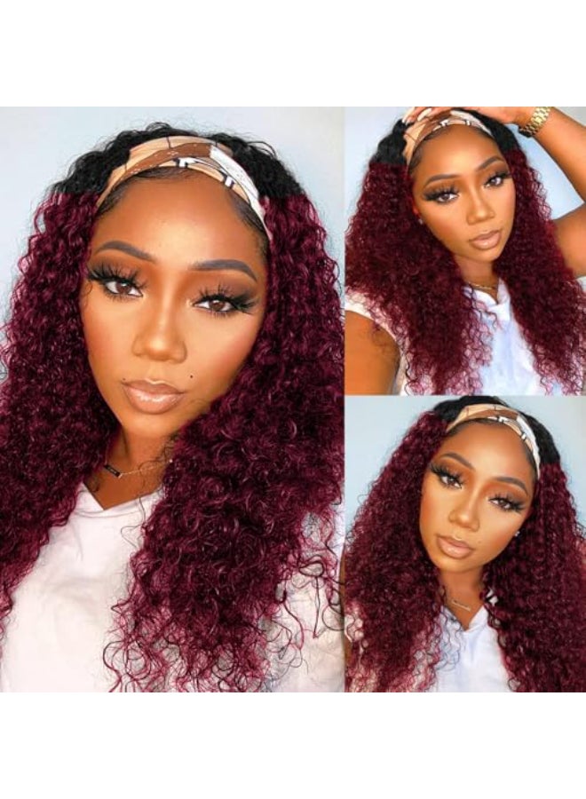 Celiarita Ombre Dark Burgundy Headband Wig Human Hair Deep Wave 18 Inch None Lace Front Wigs Glueless 1B99J Deep Curly Wave Human Hair Headband Wig Attached Half Wigs for Black Women 150 Density - Image 1