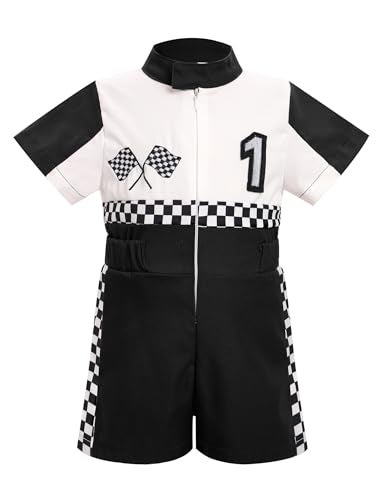 IWEMEK Baby Boy Race Car Driver Outfit 1st Birthday Party Fast One Birthday Outfit Kids Race Car Driver Romper Girls Boys Racer Jumpsuit Toddler Speed Racing Suit Cake Smash Photo Shoot Black1Y - Image 1