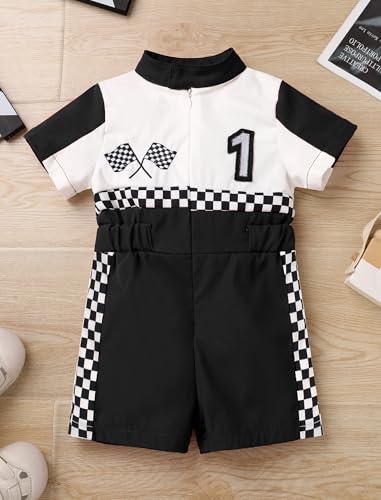 IWEMEK Baby Boy Race Car Driver Outfit 1st Birthday Party Fast One Birthday Outfit Kids Race Car Driver Romper Girls Boys Racer Jumpsuit Toddler Speed Racing Suit Cake Smash Photo Shoot Black1Y - Image 3