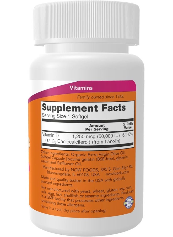 now Vitamin D-3 Max Potency 50,000 IU 50 Softgels - Image 2