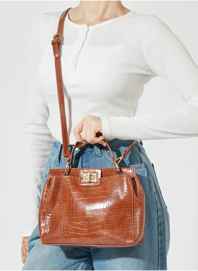 Styli Croc Textured Handbag with Turn Lock