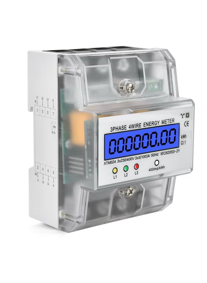 Digital 3 Phase Electricity Meter, Calibrated Three Wire Current Meter for 230/400V Power Systems, Top Hat Rail Mounted with LCD Display (5-100A) - Image 1