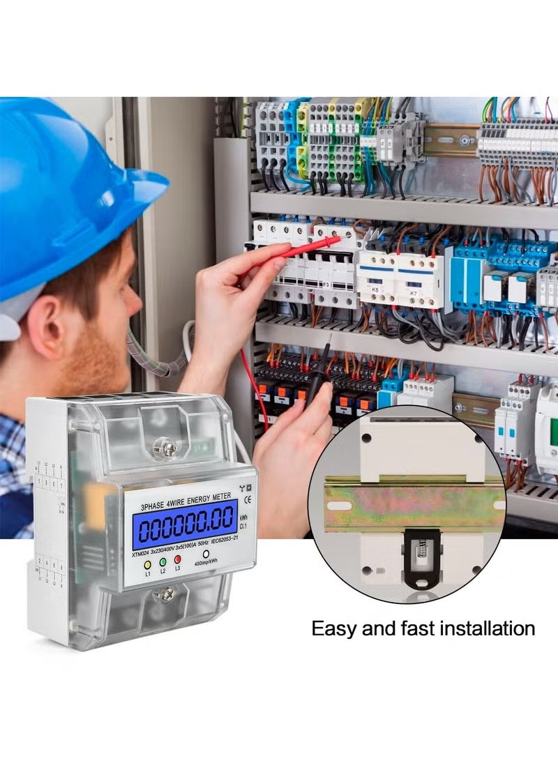 Digital 3 Phase Electricity Meter, Calibrated Three Wire Current Meter for 230/400V Power Systems, Top Hat Rail Mounted with LCD Display (5-100A) - Image 5