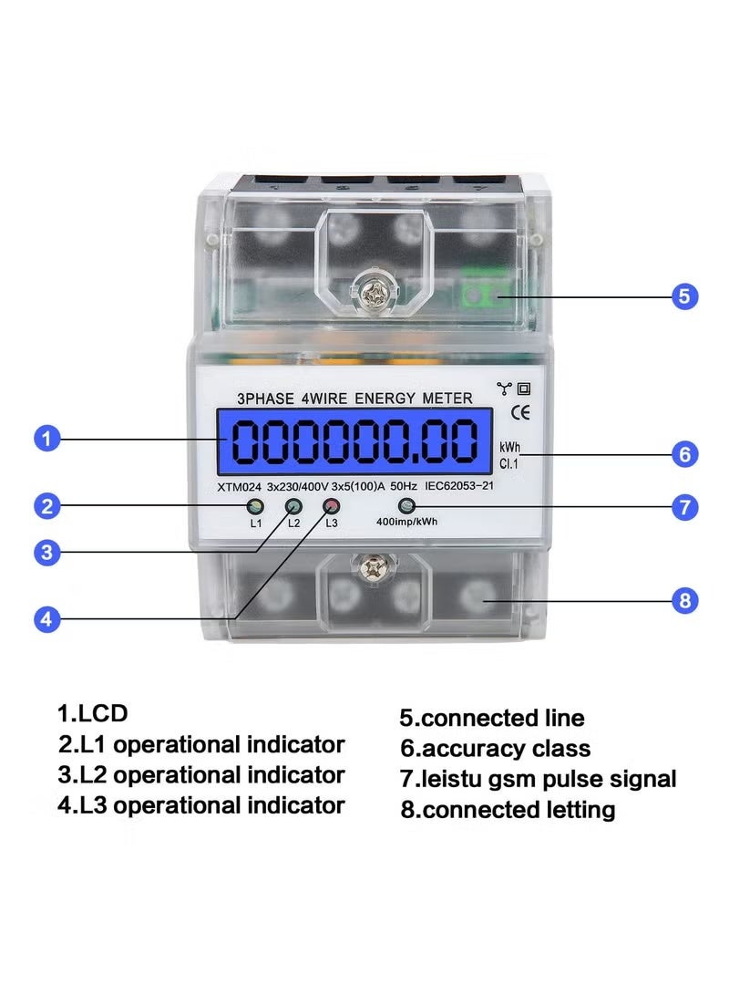 Digital 3 Phase Electricity Meter, Calibrated Three Wire Current Meter for 230/400V Power Systems, Top Hat Rail Mounted with LCD Display (5-100A) - Image 3