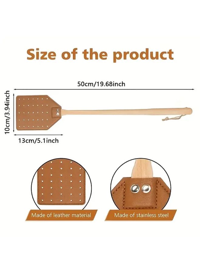 Heavy Duty Leather Fly Swatter Black with Long Beech Wood Handle for Home Garden Camping - Image 3