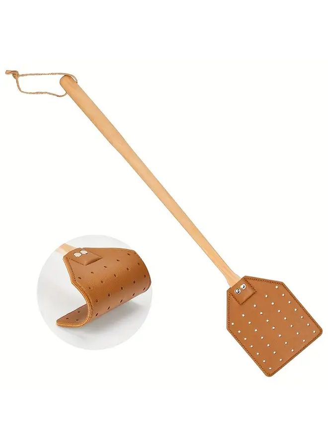 Heavy Duty Leather Fly Swatter Black with Long Beech Wood Handle for Home Garden Camping - Image 1