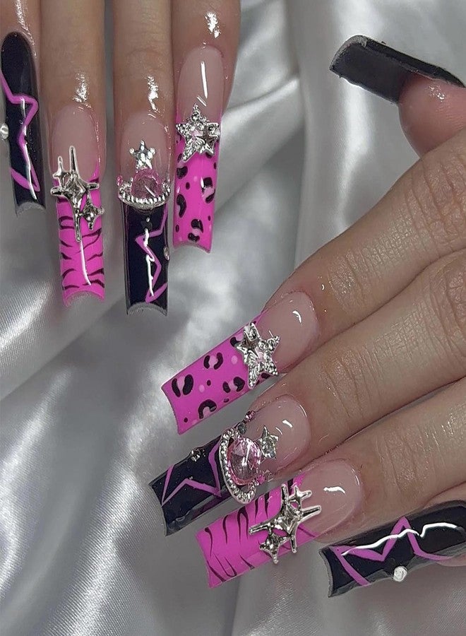MISUD Press on Nails - Long Square Glue on Nails with Pink Black, Acrylic Y2K Charms Design 24 pcs - Image 1