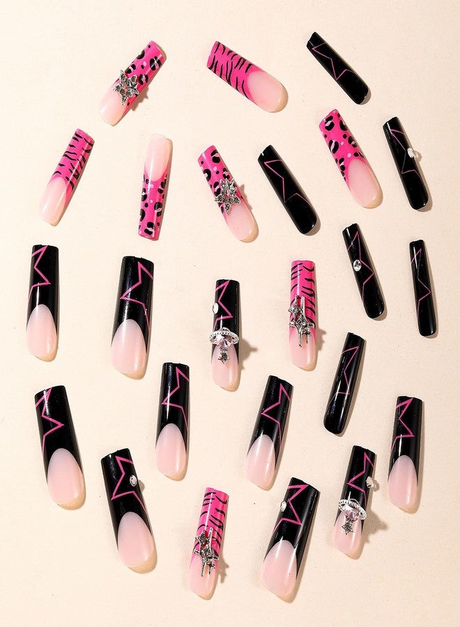 MISUD Press on Nails - Long Square Glue on Nails with Pink Black, Acrylic Y2K Charms Design 24 pcs - Image 3