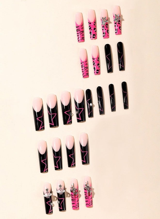 MISUD Press on Nails - Long Square Glue on Nails with Pink Black, Acrylic Y2K Charms Design 24 pcs - Image 2