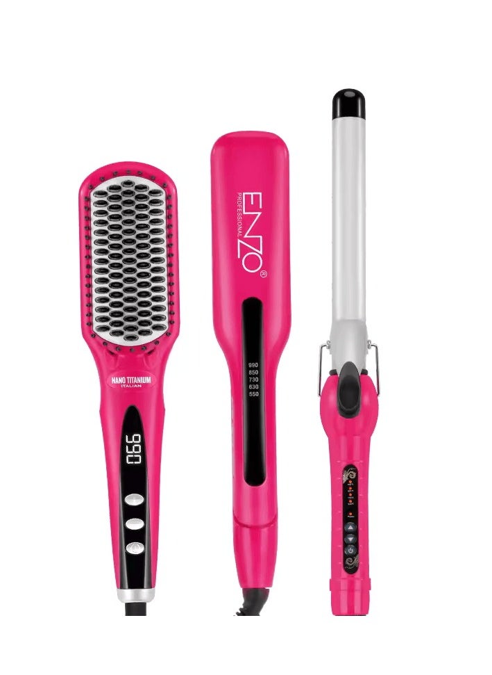 ENZO Professional - ENZO EN-3955W  3-in-1 Platinum Collection Hair Styling  kit - Versatile Hot Air Brush, Straightener, and Curling Iron with Platinum Ceramic Technology-Intl Version - Image 1