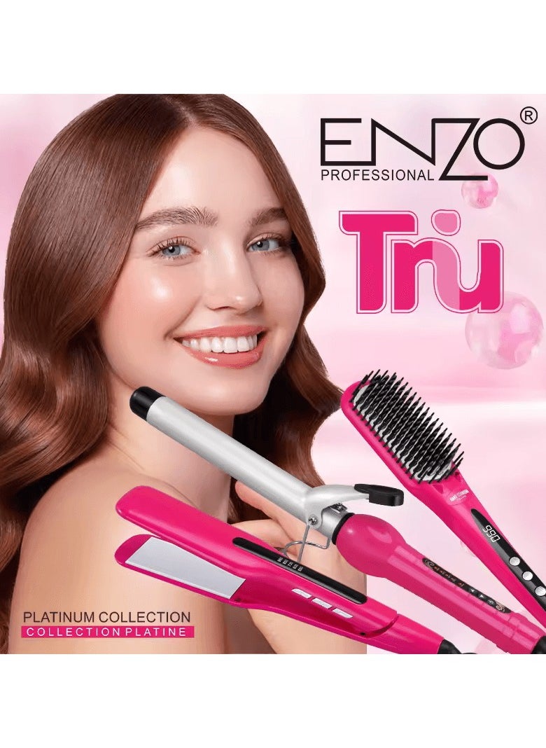ENZO Professional - ENZO EN-3955W  3-in-1 Platinum Collection Hair Styling  kit - Versatile Hot Air Brush, Straightener, and Curling Iron with Platinum Ceramic Technology-Intl Version - Image 1