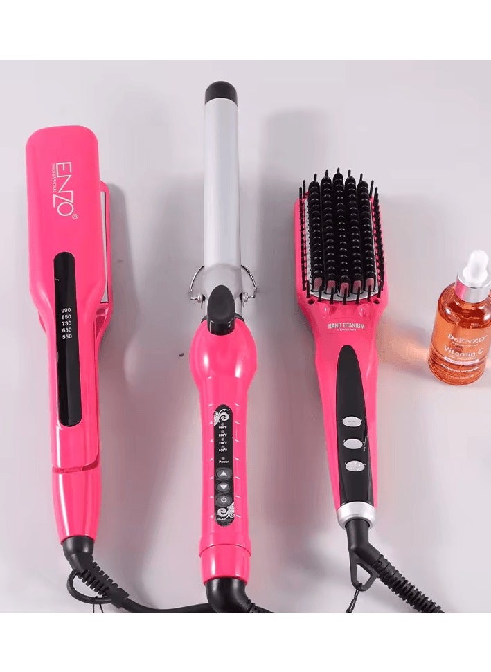 ENZO Professional - ENZO EN-3955W  3-in-1 Platinum Collection Hair Styling  kit - Versatile Hot Air Brush, Straightener, and Curling Iron with Platinum Ceramic Technology-Intl Version - Image 1