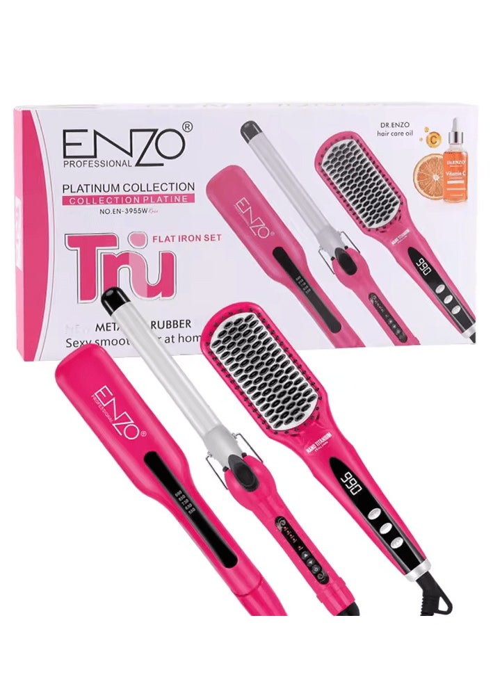 ENZO Professional - ENZO EN-3955W  3-in-1 Platinum Collection Hair Styling  kit - Versatile Hot Air Brush, Straightener, and Curling Iron with Platinum Ceramic Technology-Intl Version - Image 1