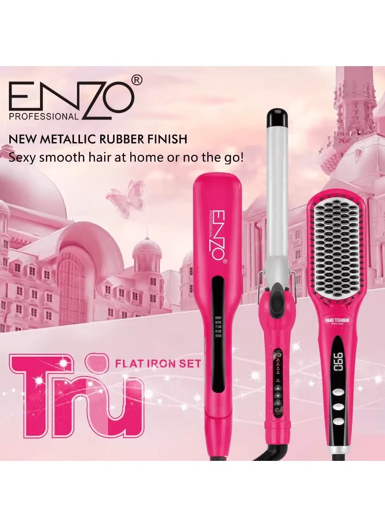 ENZO Professional - ENZO EN-3955W  3-in-1 Platinum Collection Hair Styling  kit - Versatile Hot Air Brush, Straightener, and Curling Iron with Platinum Ceramic Technology-Intl Version - Image 1