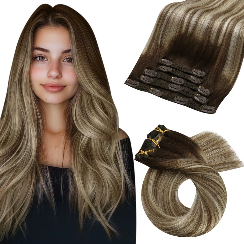 Moresoo Real Hair Extensions Clip in Human Hair Dark Brown to Light Brown Balayage Clip Extensions Medium Blonde Hair Extensions Real Human Hair Clip ins Straight Hair 7 Pcs 120G 20 Inch