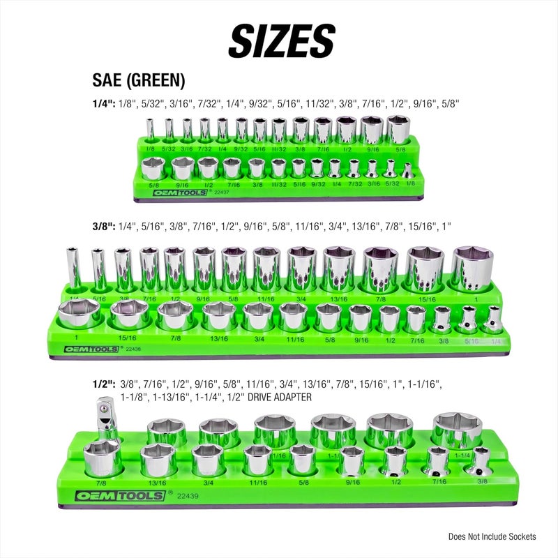 OEMTOOLS 22485 3-Pc Magnetic Socket Organizer, SAE Magnetic Socket Holder, Socket Holders for 68 Deep and Shallow Sockets, Socket Holders 1/4, 3/8, 1/2 Inch Sizes - Image 3