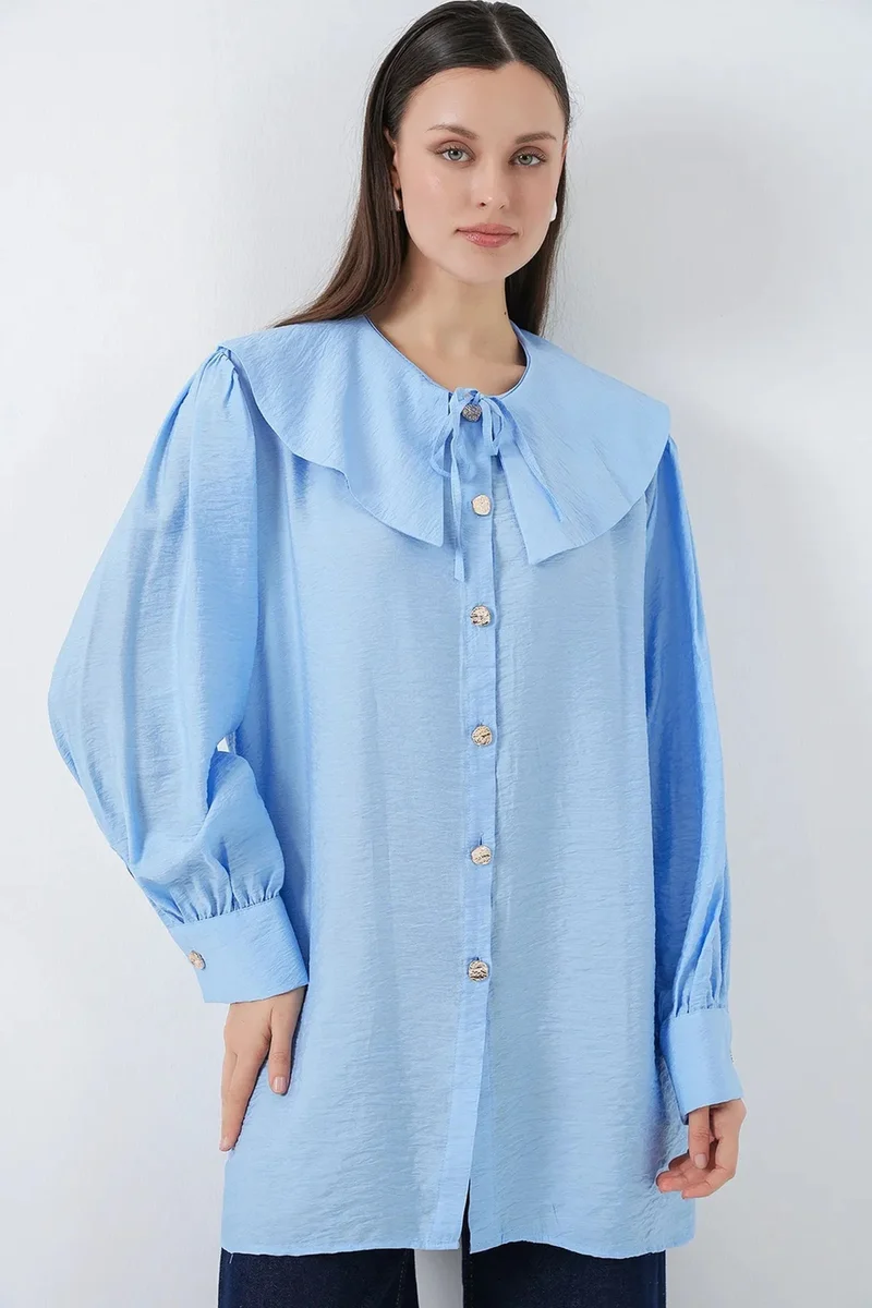 بيغ دارت BDART Long Loose Fit Blouse with Baby Collar and Bow Detail