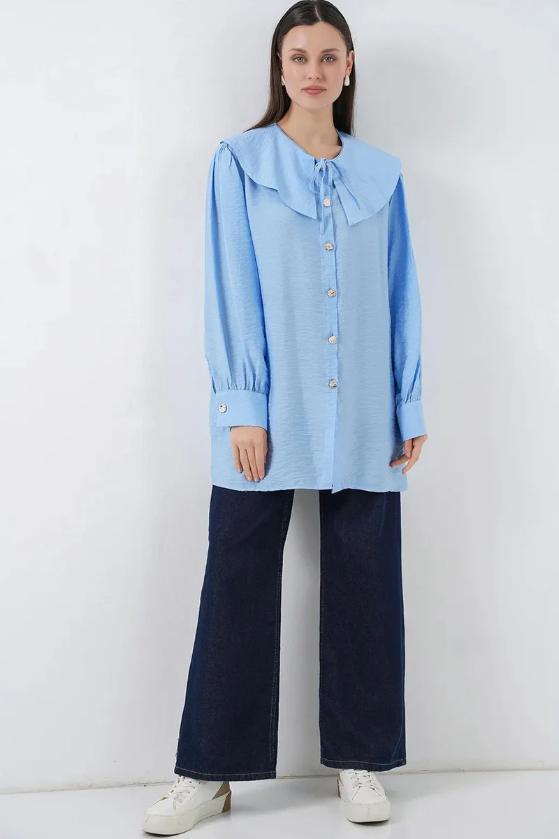 بيغ دارت BDART Long Loose Fit Blouse with Baby Collar and Bow Detail