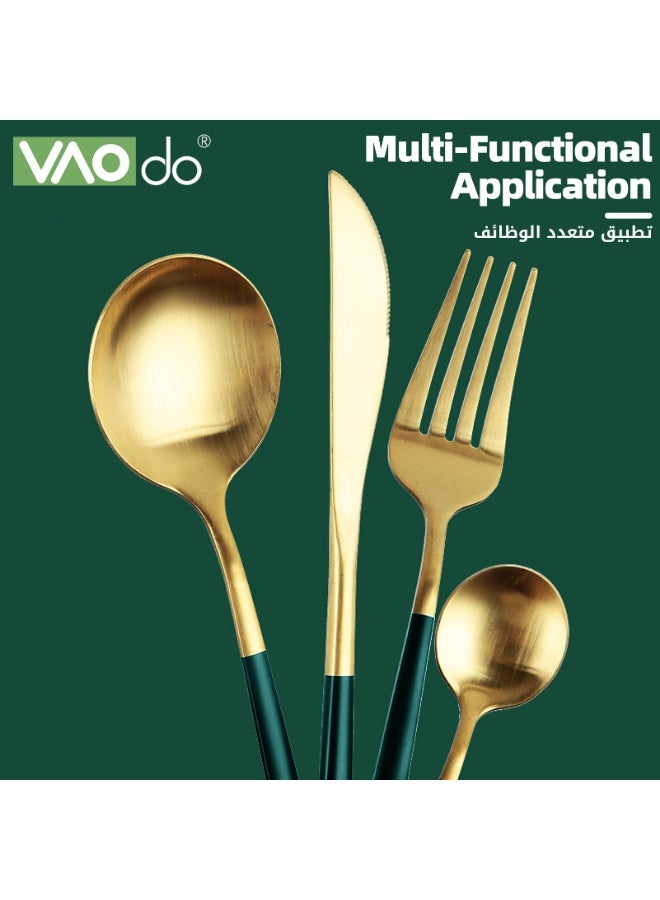 Arabest 4 PCS Stainless Steel Cutlery Set, Include Knife/Fork/Spoon/Teaspoon, Camping Travel Utensils Set Cutlery, Mirror Polished, Gift Box, Dark Green Gold - Image 3