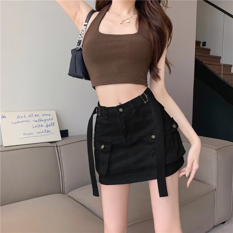 Workwear Casual Skirt Womens Summer American Style High Waist Slim A- Line Miniskirt Hot Girl Hip Skirt Skirt Culottes Black