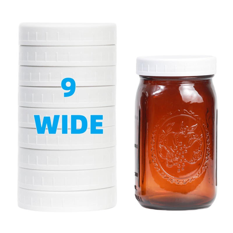 Bedgeta 9 Pack Upgraded White Wide Mouth Mason Jar Lids with Silicone Rings for Ball Kerr and More86mm White Plastic Storage Caps for MasonCanning Jars LeakProof Dishwasher Safe Food Grade