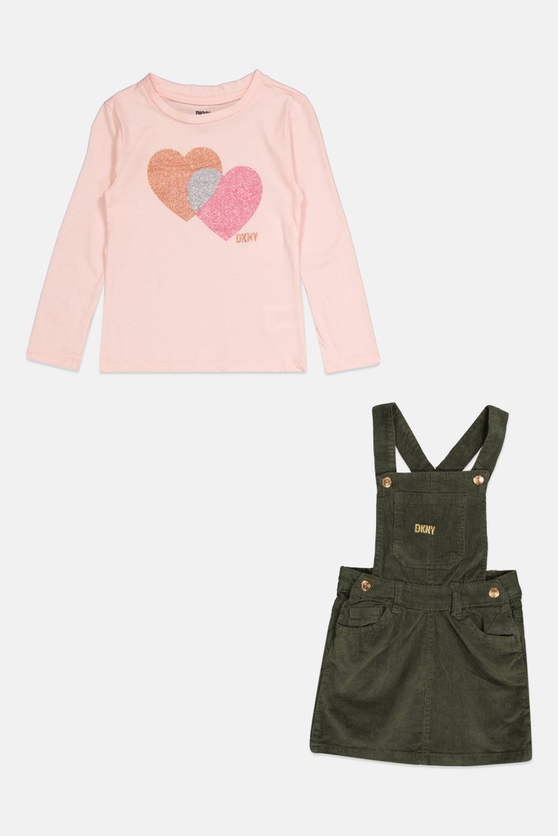DKNY Toddlers Girl 2 Pieces Textured Long Sleeve Top And Romper Set, Pink/Dark Olive - Image 1