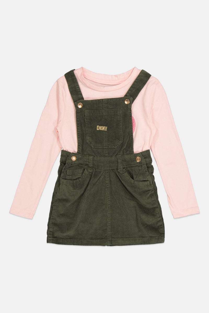 DKNY Toddlers Girl 2 Pieces Textured Long Sleeve Top And Romper Set, Pink/Dark Olive - Image 3