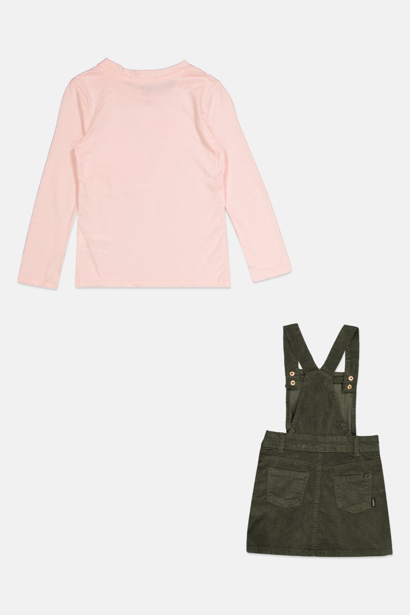 DKNY Toddlers Girl 2 Pieces Textured Long Sleeve Top And Romper Set, Pink/Dark Olive - Image 2